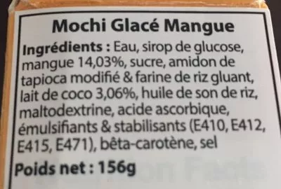 Liste des ingrédients du produit Buono Mochi Ice Dessert Mango Buono 156 g