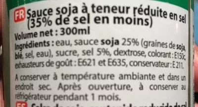 Lista de ingredientes del producto Sauce soja à teneur réduite en sel Hideko, Hideko 300ml