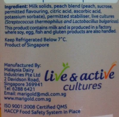 List of product ingredients Yoghurt low fat peach MariGold 