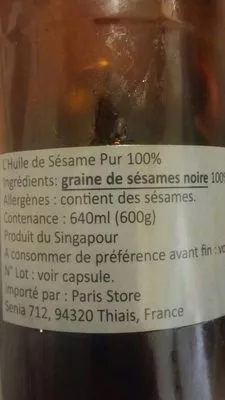 Liste des ingrédients du produit Pure black Sesame oil Sunlight Brand 