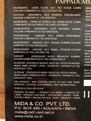 List of product ingredients Pappadums cumin Mida’s 110g