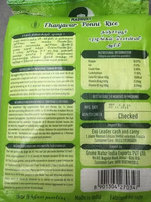 Liste des ingrédients du produit Ponni Rice Madhury 5 kg