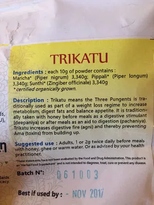 Liste des ingrédients du produit Trikatu Gopala Organic Products India 100g