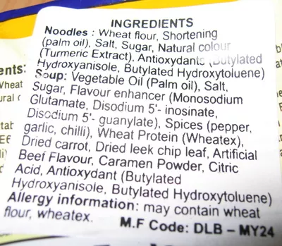 Lista de ingredientes del producto Instant Noodles Beef Ball Flavor Daily, Vina Acecook 90 g