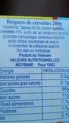 Liste des ingrédients du produit Beignets De Crevette Sa Giang  
