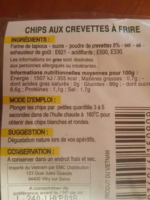 Liste des ingrédients du produit Chips de crevettes à frire Tamfoods 50g