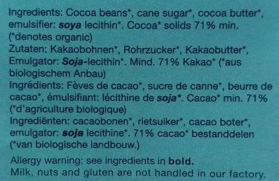 List of product ingredients Organic Dark Chocolate 71% The Grenada Chocolate Company 85g