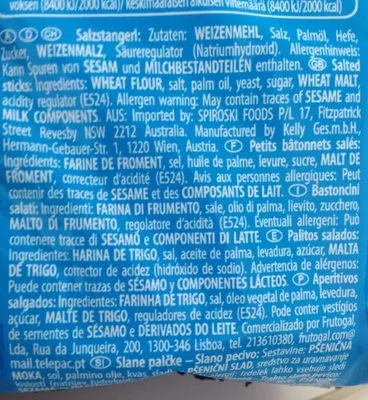 Lista de ingredientes del producto Soletti Salzstangerl Kelly 