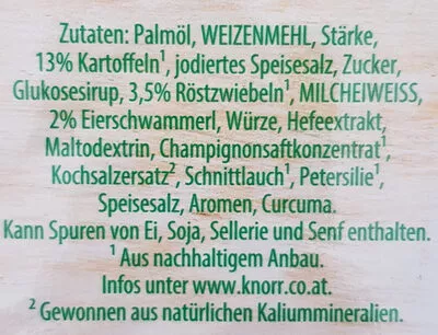 Liste des ingrédients du produit Eierschwammerl Suppe mit Kräutern Knorr,  Kaiser Teller 92 g