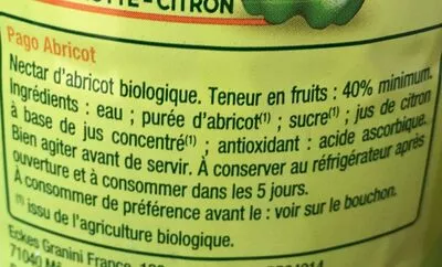 Liste des ingrédients du produit Nectar BIO ABRICOT Pago 0,75 L