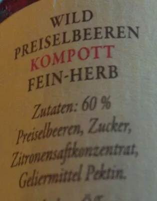 Lista de ingredientes del producto Wildpreiselbeeren darbo 310 g