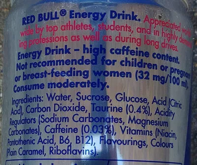 Lista de ingredientes del producto Energy Drink Red Bull, RedBull 355 ml