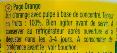 Liste des ingrédients du produit 100% Jus Orange Pago 33 cl