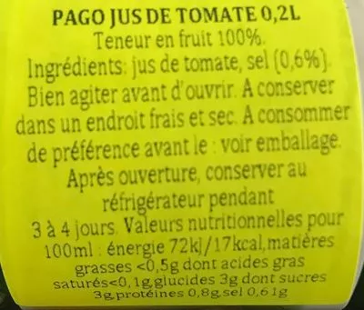 List of product ingredients Jus de tomate Pago 