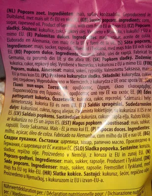 Liste des ingrédients du produit popcorn Snackline 100 g