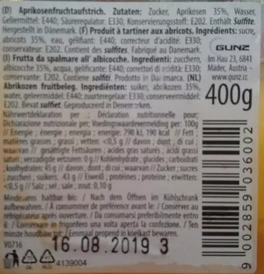 Lista de ingredientes del producto Muhlebach, Confiture D'abricot, 400g  400 g