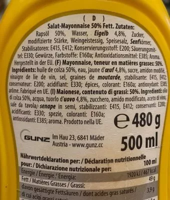 Lista de ingredientes del producto Mayonnaise In Der 500ml Flasche Von Niko NIKO 500 mL