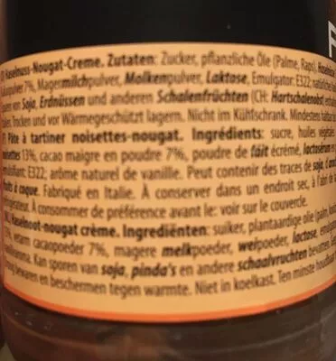 Liste des ingrédients du produit Crème aux noisettes et au nougat Piacelli 400 g