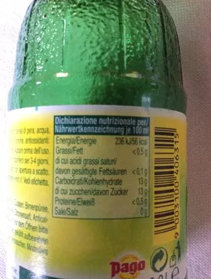 Liste des ingrédients du produit Pago Birne, Einweg, Glasflasche - 0.2L Pago 0.2 L