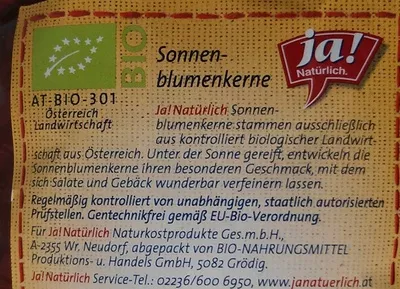Lista de ingredientes del producto Sonnenblumenkerne Ja! Natürlich 250g