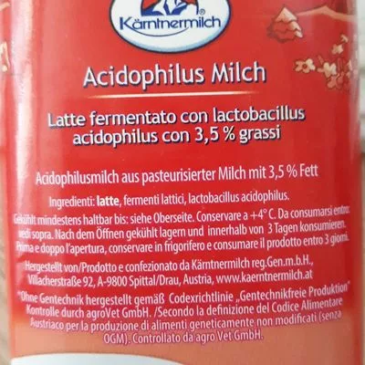 Lista de ingredientes del producto Acidophilus Milch Kärntnermilch 500ml