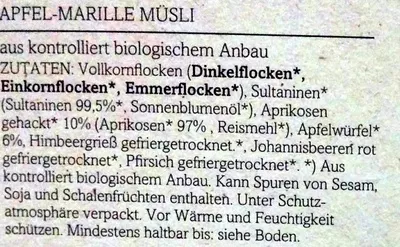 List of product ingredients Urkorn Müsli Bio-Apfel-Marille Verival 375 g