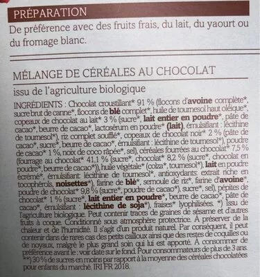 List of product ingredients Céréales Bio Crousti'choco Verival 400g