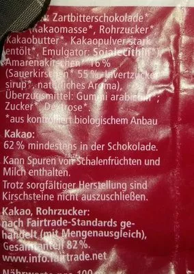 Liste des ingrédients du produit Bio Amarena Kirsche in Zartbitter Schokolade Landgarten 50g