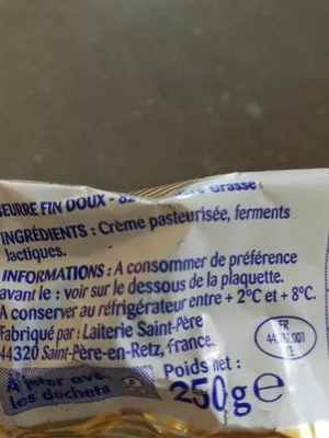 Lista de ingredientes del producto Beurre gastronomique doux Paturages 250 g