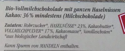 Lista de ingredientes del producto Bio Haselnuss Vollmilchschokolade mit ganzen Nüssen Ja! Natürlich 100 g