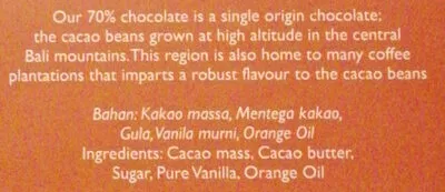 Lista de ingredientes del producto dark couverture chocolate, bitter orange fusion bali chocolat factory 100g