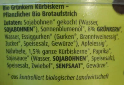 List of product ingredients Grünkern und Kürbiskern Aufstrich Wojnars, Alles Bio 150