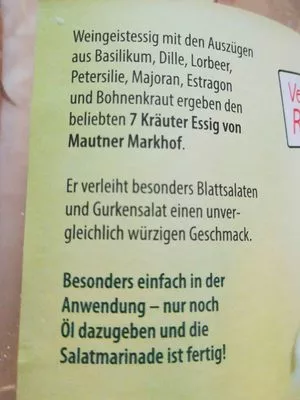 Liste des ingrédients du produit 7 kräuter essig Mautner Markhof 1 l
