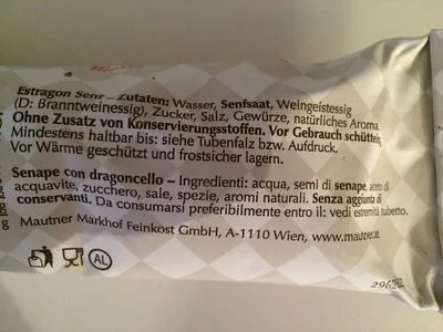 Lista de ingredientes del producto Mautner original Estragon Senf Mautner Markhof 200 g