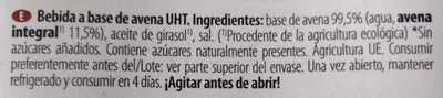 Liste des ingrédients du produit Bebida de avena sin azúcares añadidos Joya 1 l