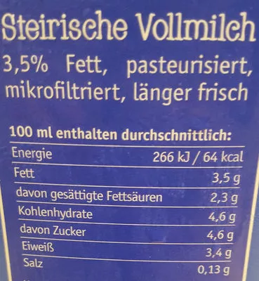 Lista de ingredientes del producto Steirische Vollmilch Steinzer 1l