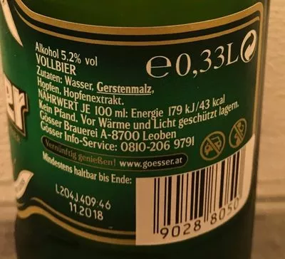 List of product ingredients Gösser Märzen Gösser 0,33 l