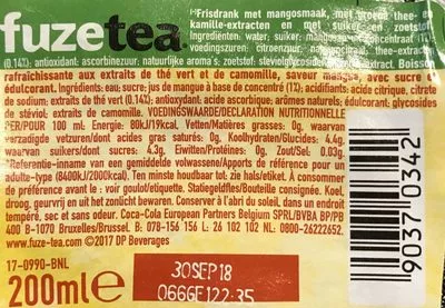Liste des ingrédients du produit Green Tea Mango Chamomile Fuzetea 200 ml