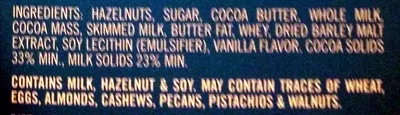 Lista de ingredientes del producto Swiss Milk Chocolate with 30% whole hazelnuts Trader Joe's 7 oz (200 g)