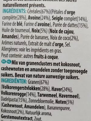 List of product ingredients Muesli croustillant amandes, noix de cajou et coco Sans sucres ajoutés Kellogg's 400 ml