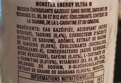 Liste des ingrédients du produit Monster Energy Ultra  