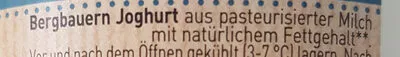 Liste des ingrédients du produit Bergbauern yoghurt Natur Schärdinger 450 g