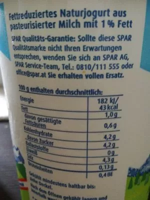 Liste des ingrédients du produit Natur Jogurt leicht Spar 500g ℮