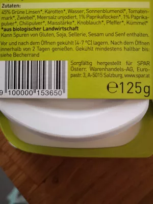 Lista de ingredientes del producto Bio Aufstrich Linse Paprika Spar veggie,  Spar 