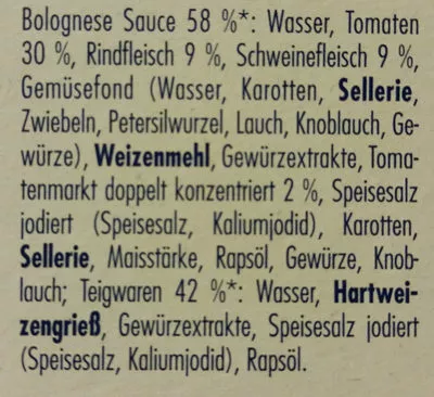 Lista de ingredientes del producto Spaghetti Bolognese Spar Feine Küche 450 g