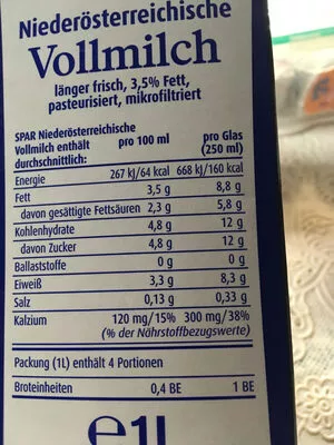 Lista de ingredientes del producto NÖ Vollmilch Spar 1l