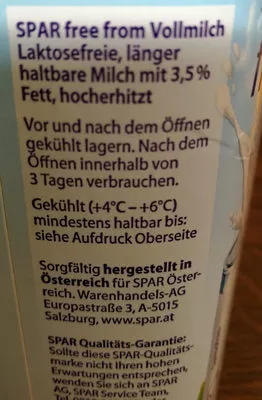 List of product ingredients Vollmilch Spar freefrom 1 liter
