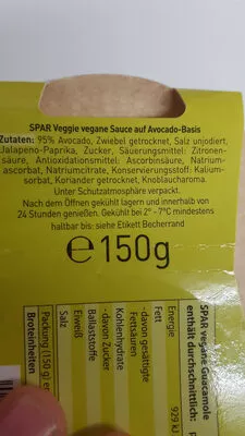 List of product ingredients Vegane Guacamole  Avocado Dip Spar Österreich 150 g