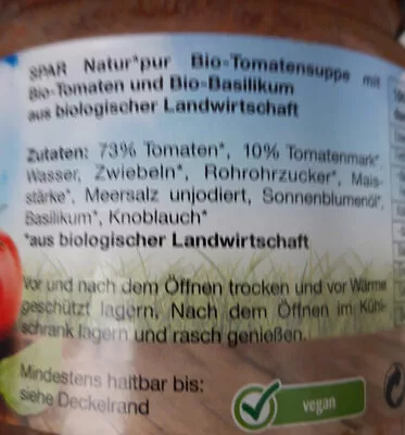 Liste des ingrédients du produit Bio-Tomatensuppe Spar Natur Pur,  Spar 350ml