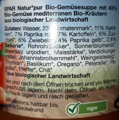 Liste des ingrédients du produit Bio-Gemüsesuppe Mediteran Spar Natur Pur 350 ml